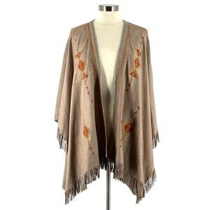 Free Minds Embroidered Faux Suede Wool Blend Fringed Poncho Cape Wrap Shawl Tan